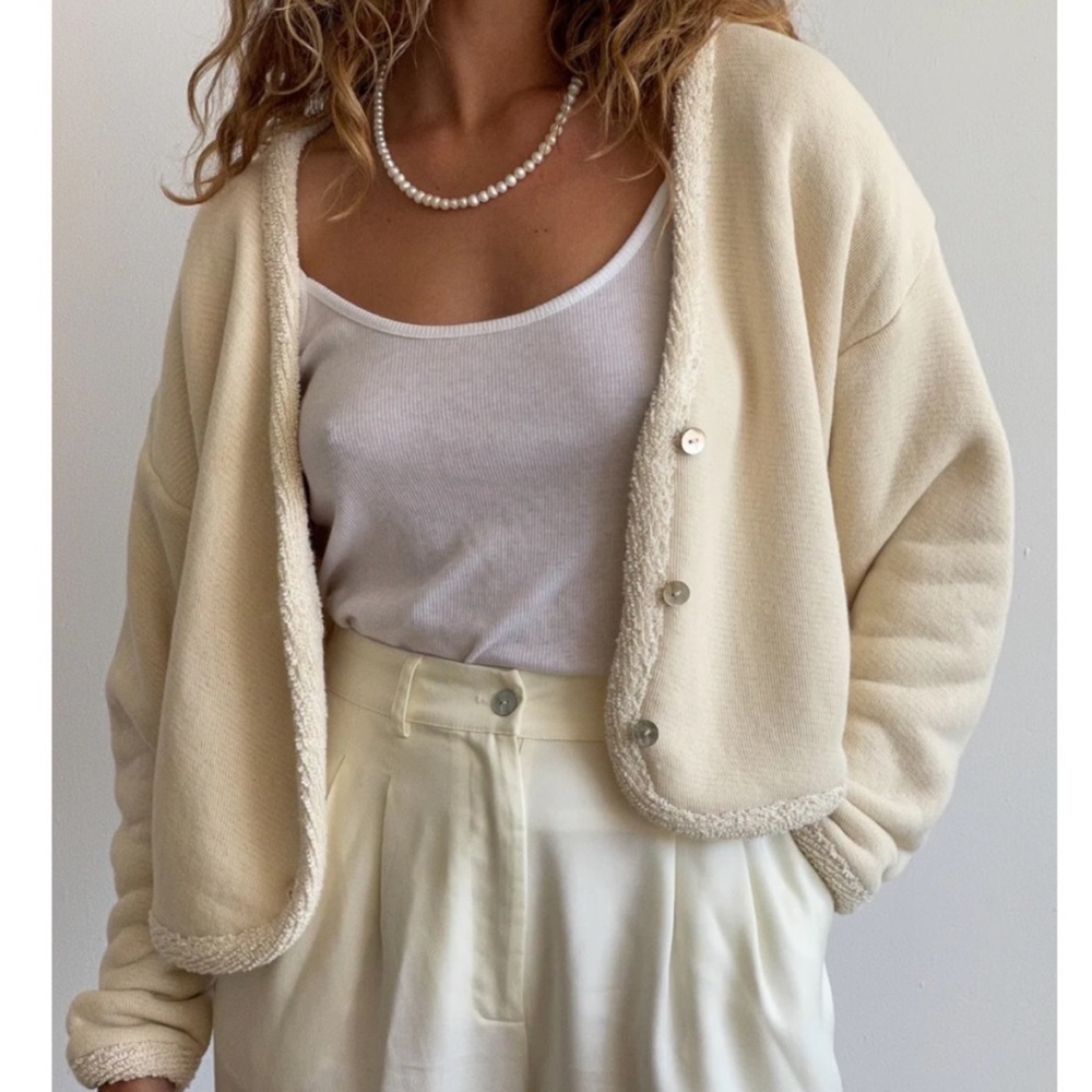 DONNI. Poodle Cardi Soft Off-White Cream Cotton Sweatshirt Fleece Cardigan M